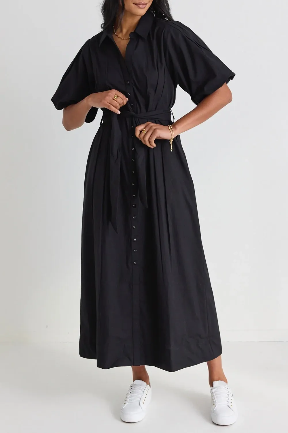 Black Puff Sleeve Collared Midi Dress