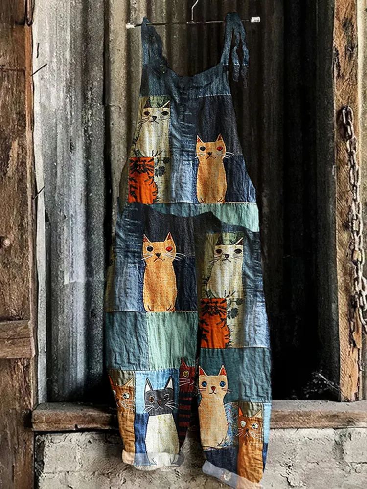 Casual Pop Cat Patchwork Cotton Linen Jumpsuits