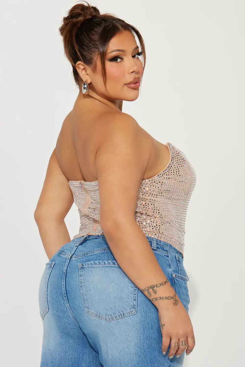 Rayna Rhinestone Mesh Corset Top - Nude