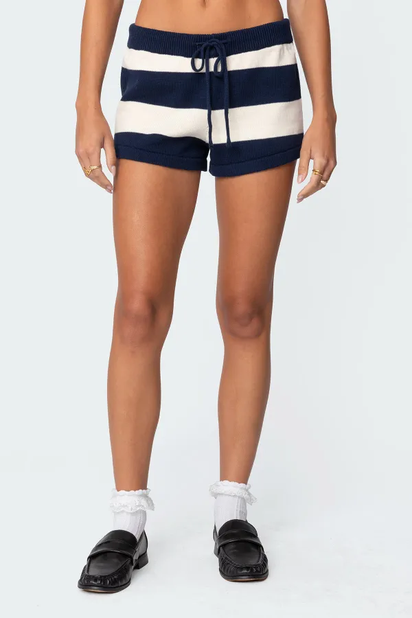 Lace-up Striped Knit Shorts