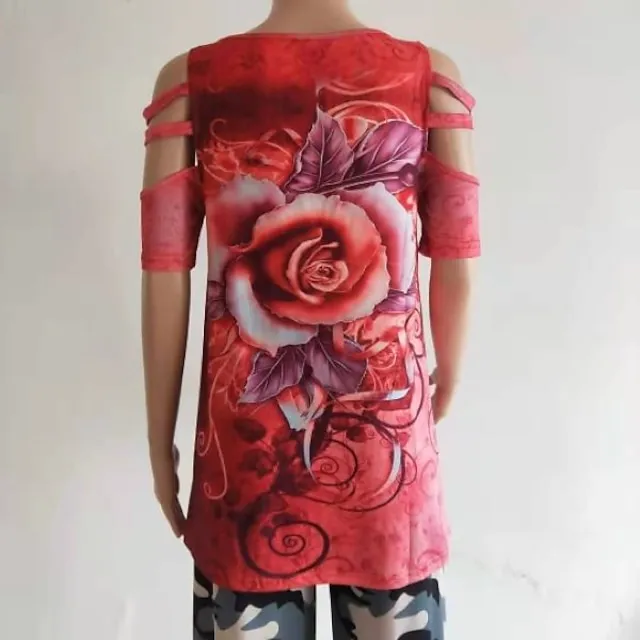 Women Tops T-Shirt Hollow-Out Shoulder Short Sleeve Casual Blouse Shirts Flower Print V-Neck Zipper Shirt
