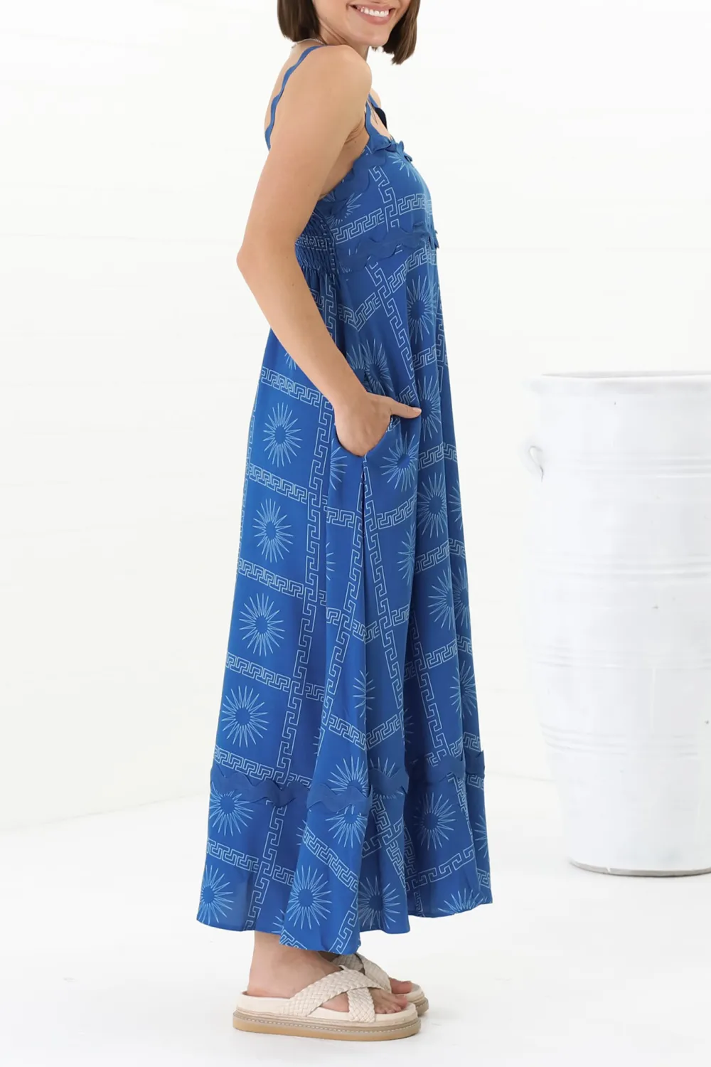 Blue Patterned Scallop Strap Maxi Dress