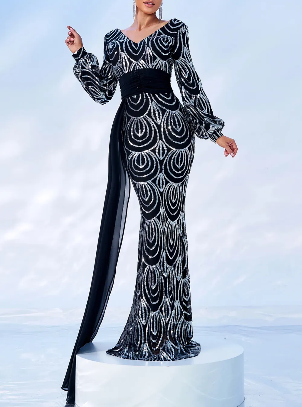 Formal Draping Sequin Long Sleeve Dress