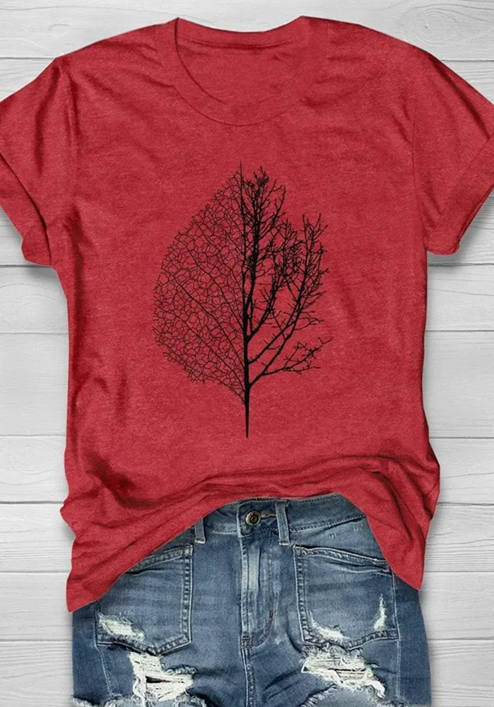 Women's Casual Leaves and Trees Forest Print Short Sleeve T-Shirt