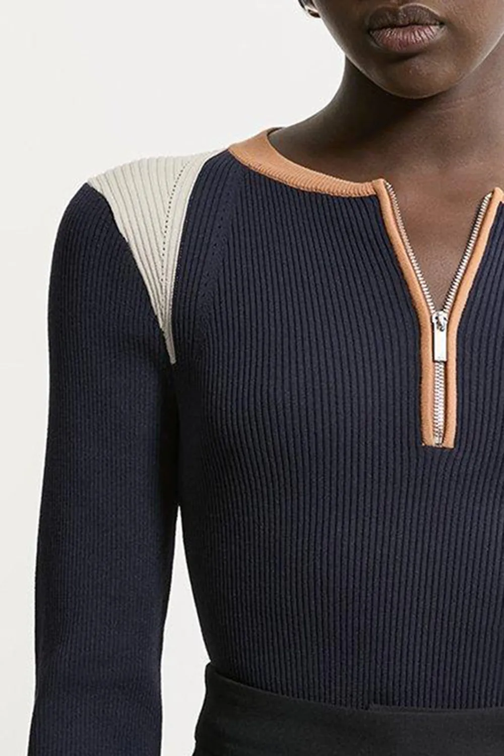 Rib Knit Half Zip Cuff Detail Top