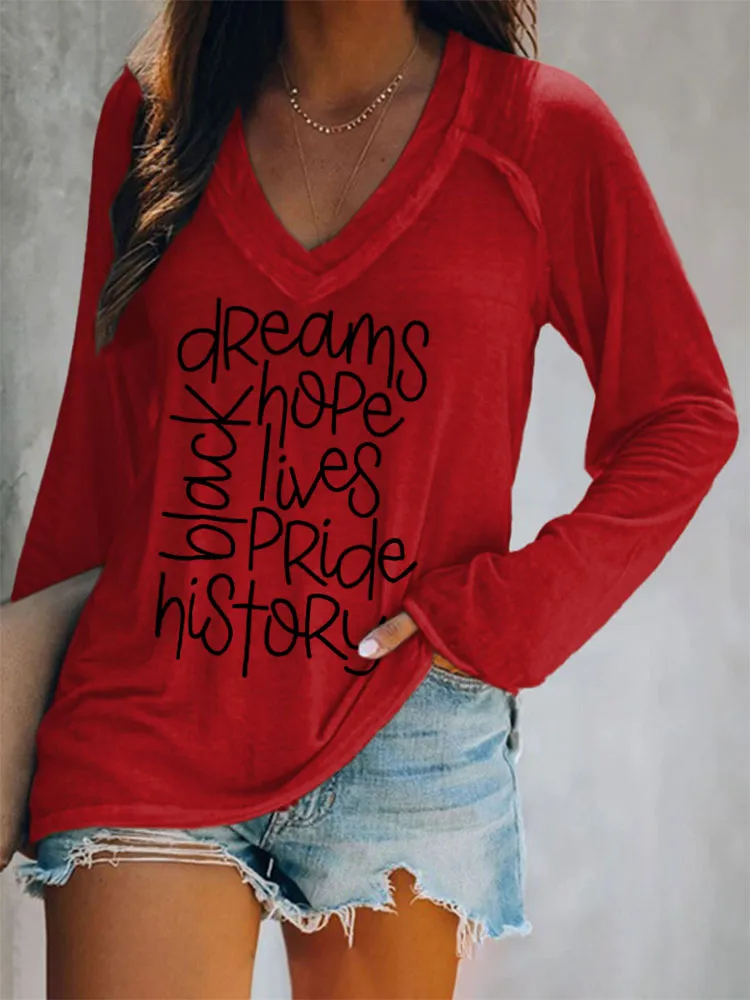 Women'S V-Neck Long-Sleeved T-Shirt Black History Dreams Hope Lives Pride