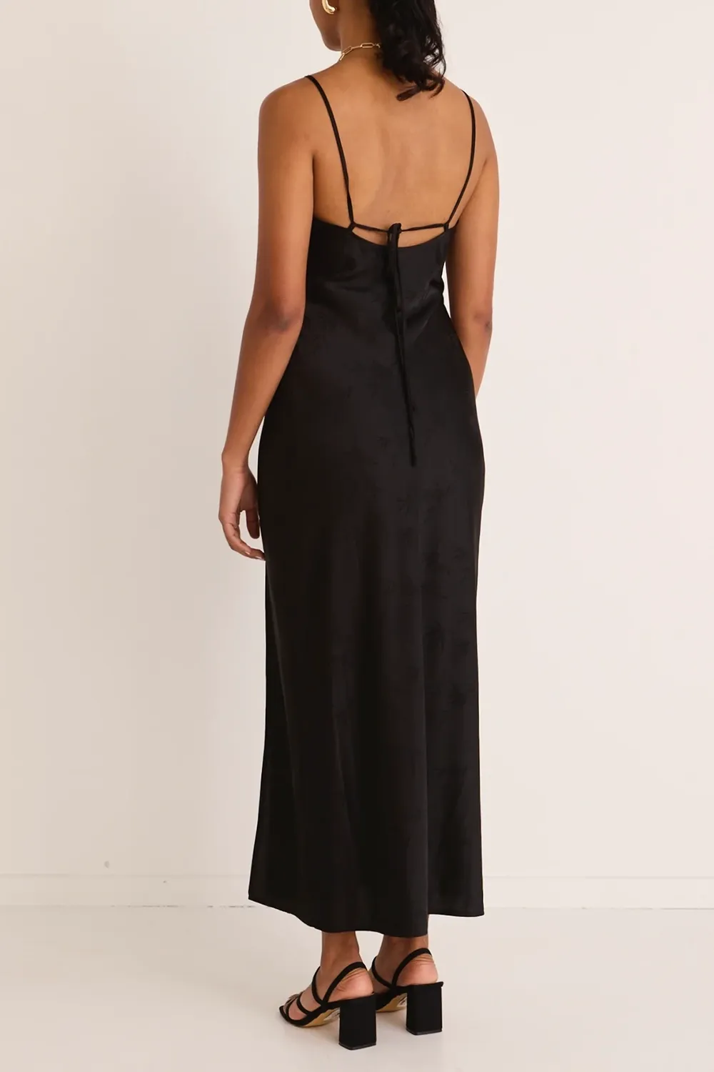 Black Jacquard Satin Strappy Bias Midi Dress