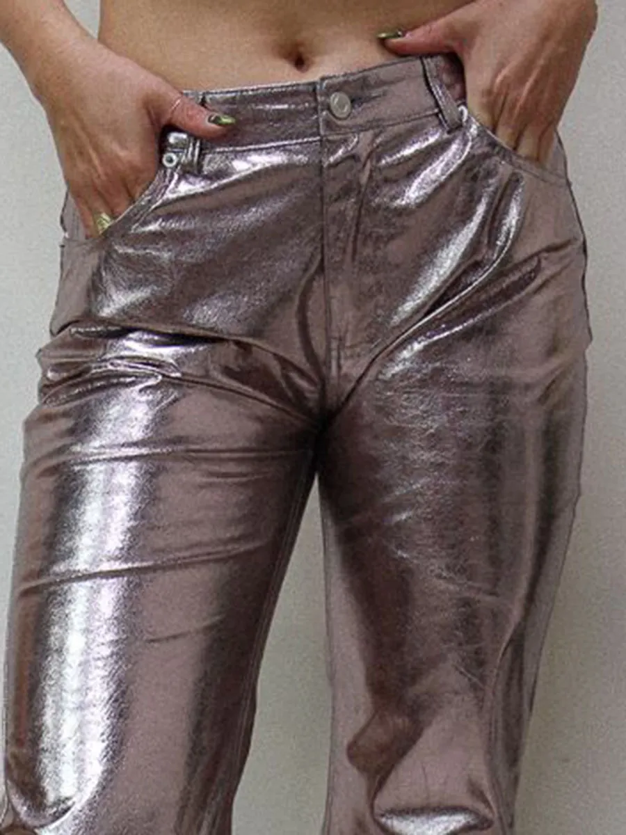 Metallic Low Rise Straight Leg Pants