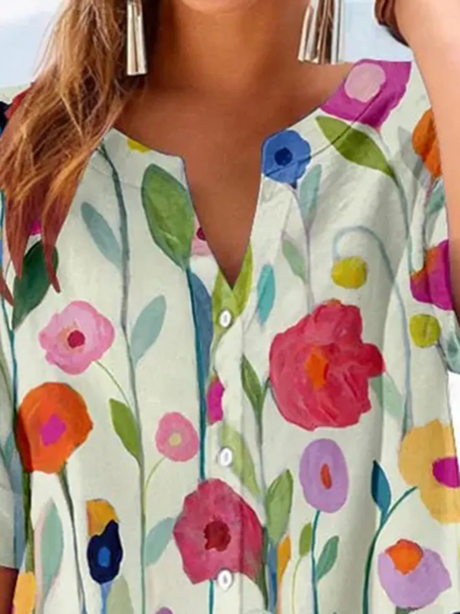 Women's Retro Botanical Floral Button Design V-Neck Three-Quarter Sleeve Shirt