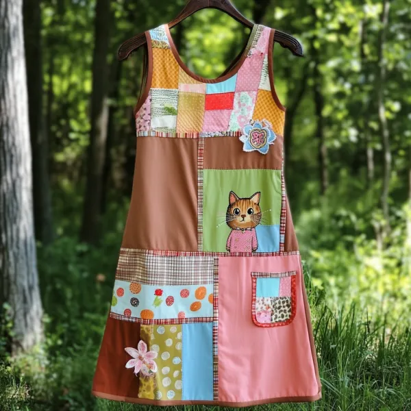 Women's Cute Cat Floral Patch Sleeveless Dress