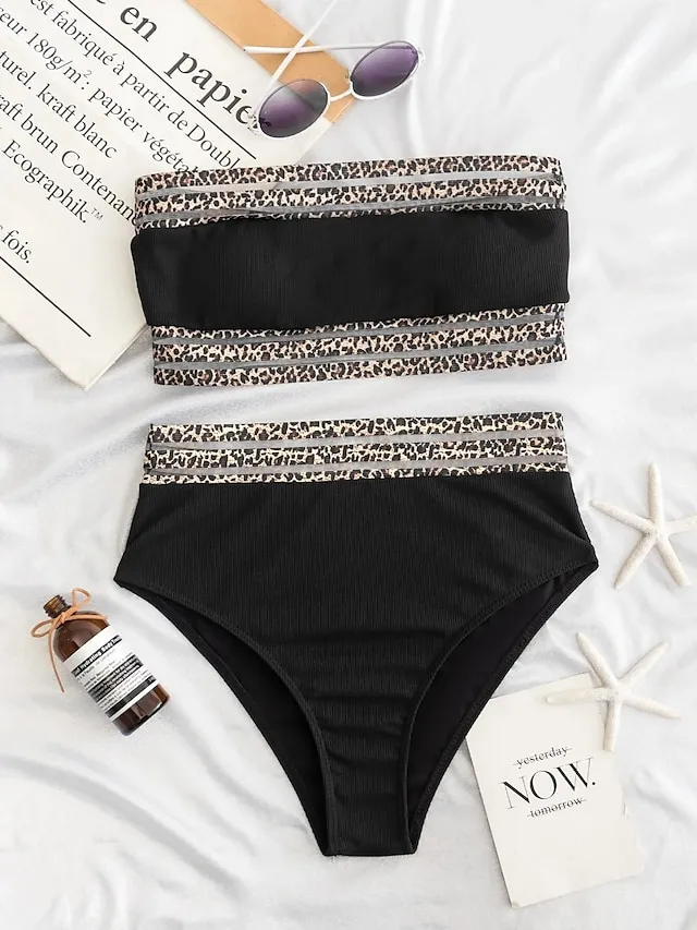 Women's Swimwear Bikini 2 Piece Normal Swimsuit Backless Sexy Printing Bandeau Strapless Leopard Black Strapless Bathing Suits New Vacation Sexy