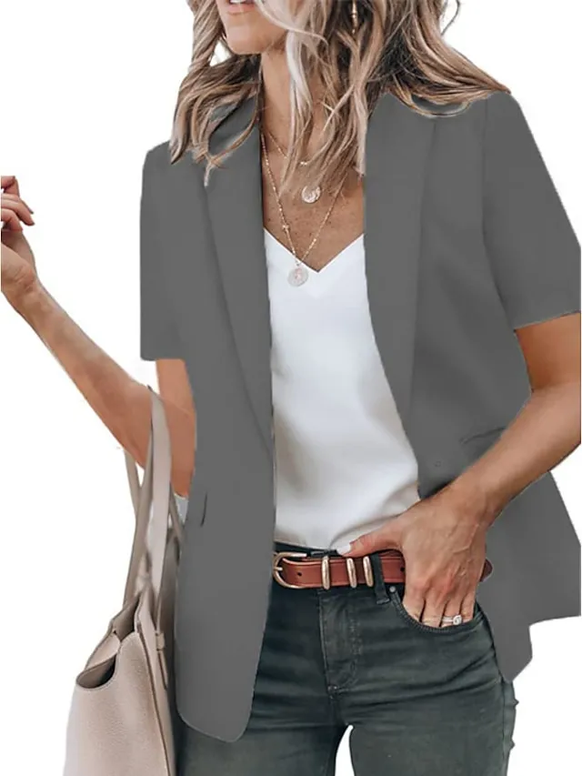 Women's Blazer Clean Fit Formal Office Work Summer Spring Regular Coat Regular Fit Breathable Simple Classic Style Modern Style Jacket Short Sleeves Solid Color Pure Color Slim Fit Black White Red