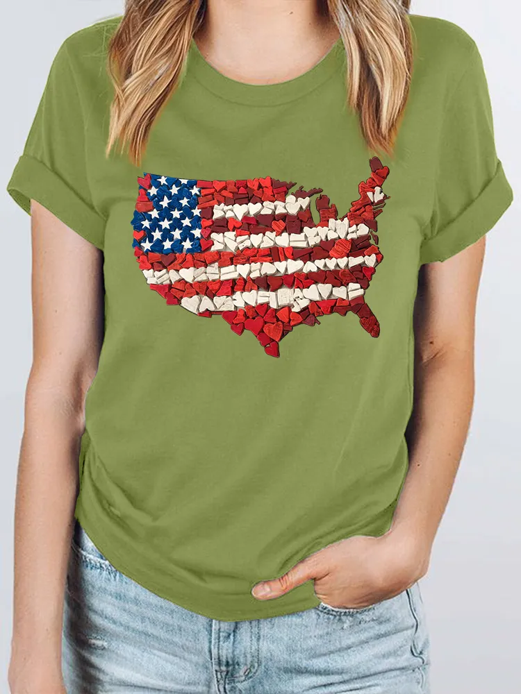 Woman'S Independence Day Love Map Print Short-Sleeved T-Shirt