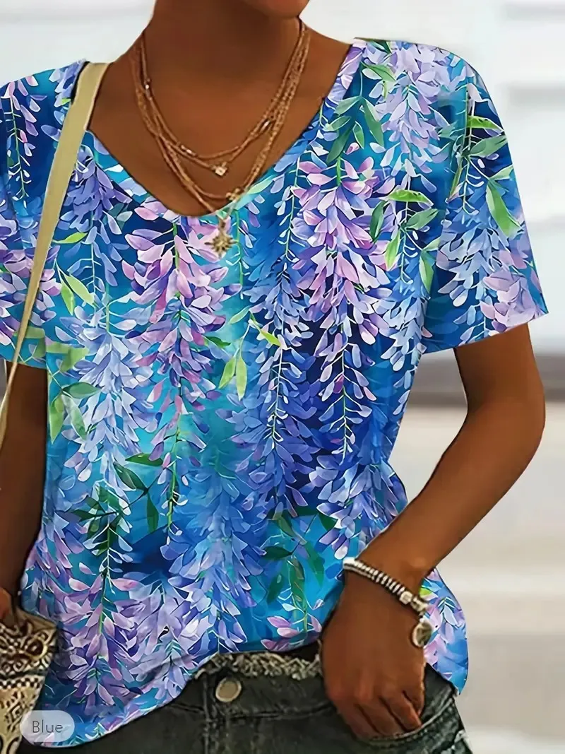 Women's Casual Purple Floral Print V-Neck Short Sleeve T-Shirt