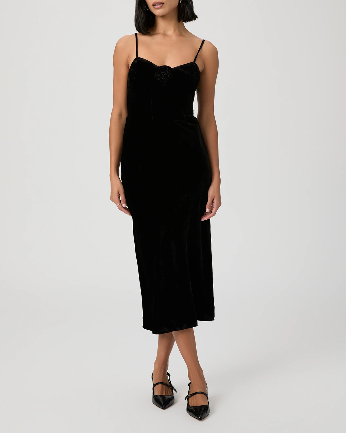 Black Velvet Spaghetti Strap Midi Dress