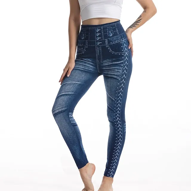 Women's Tights Pants Trousers Full Length Faux Denim Stretchy High Waist Fashion Casual Weekend Black Blue S M
