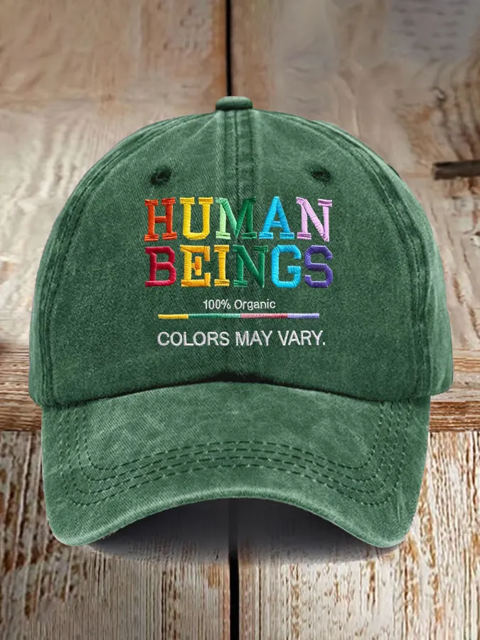 Retro Human Beings 100% Organic Colors May Vary Human Rights Equality Pride Print Baseball Cap