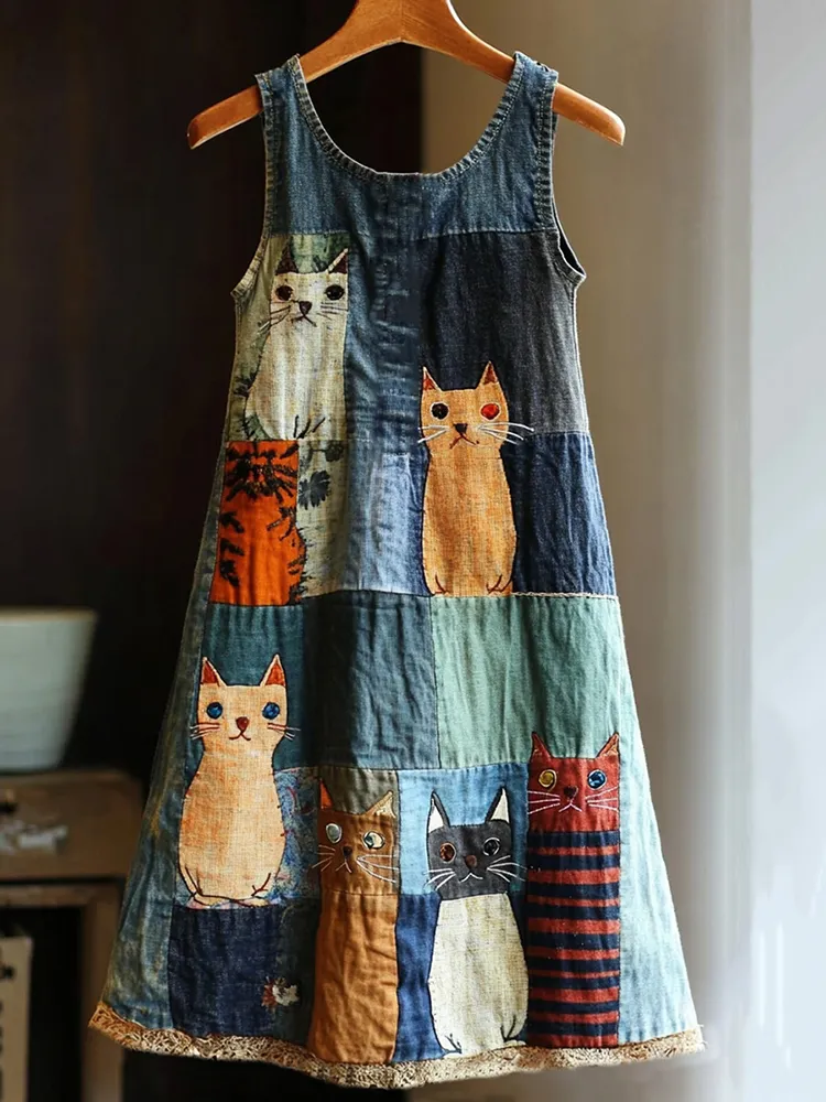 Casual Pop Art Patchwork Denim Cat Dress