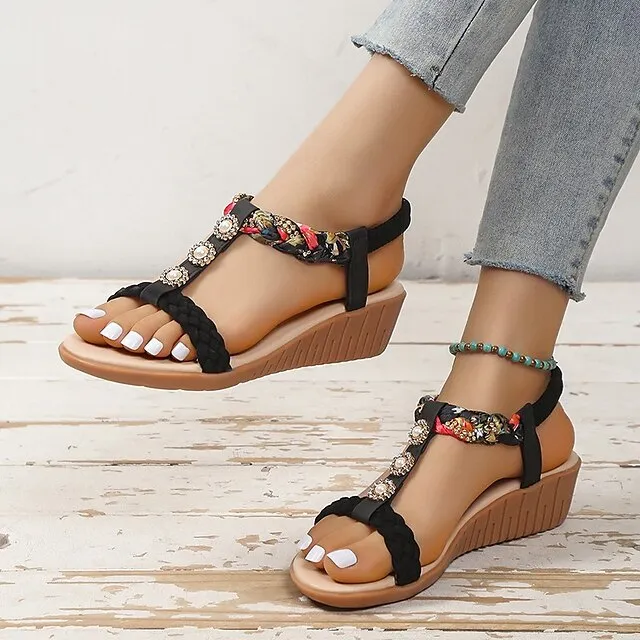 Women's Sandals Boho Bohemia Beach Wedge Sandals Outdoor Daily Beach Summer Wedge Heel Open Toe Cute Vintage Casual PU Leather Polyester Loafer Solid Color Black Pink Blue