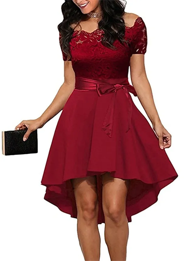 Women's Black Dress Party Dress Lace Dress Knee Length Dress White Pink Wine Short Sleeve Pure Color Lace Summer Spring Fall Off Shoulder Elegant Party Wedding Guest Birthday 2022 S M L XL XXL