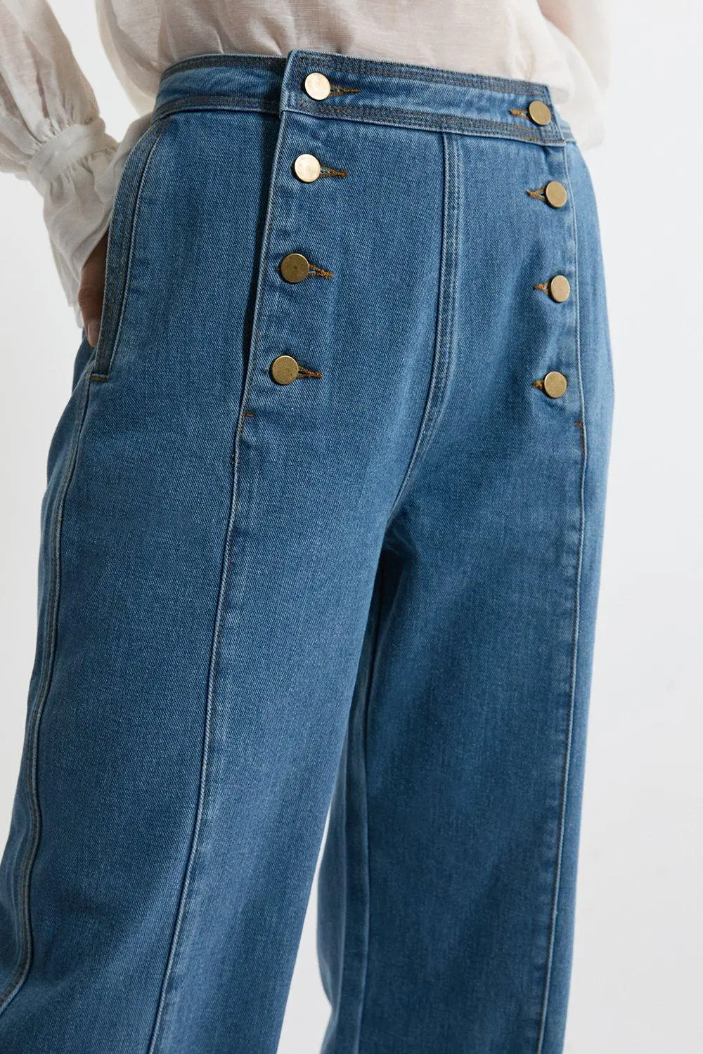Denim Tailored Button Front Wide Leg Jeans