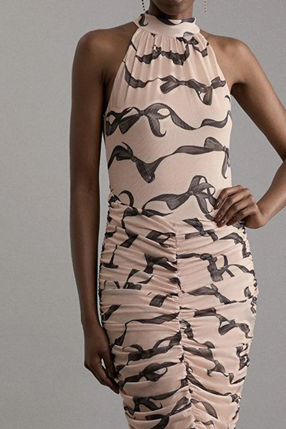 Black Bow Jersey Mesh Halter Ruched Midi Dress