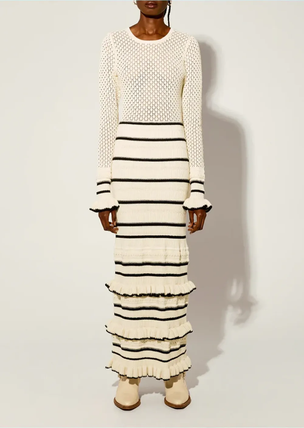 Crochet Knit Striped Ruffled Maxi Dress