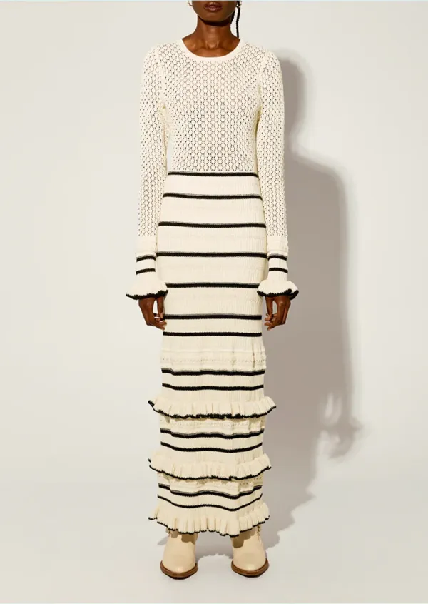 Crochet Knit Striped Ruffled Maxi Dress