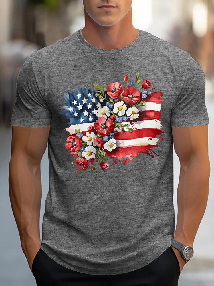Men's Independence Day Flowers Round-Neck Short-Sleeved T-Shirt