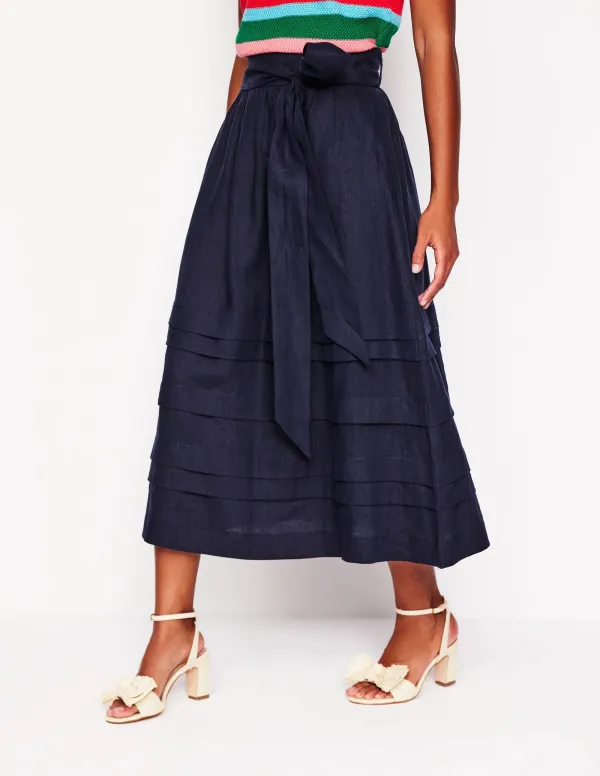 Navy Blue Tiered Belted Midi Skirt