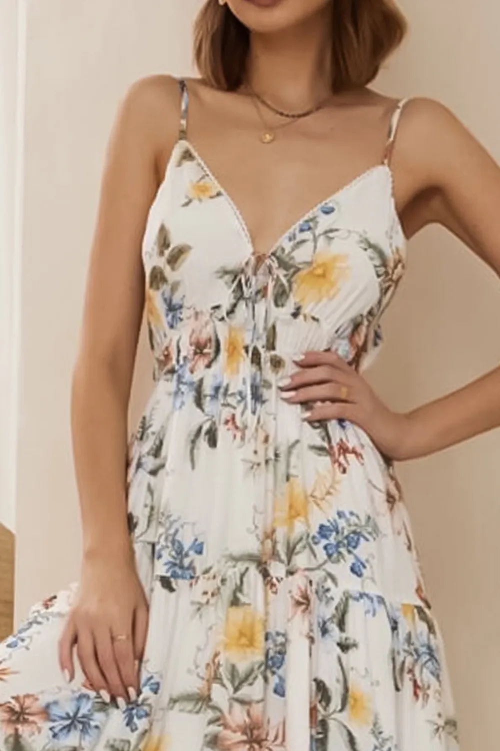 White Floral Print Tiered Maxi Dress