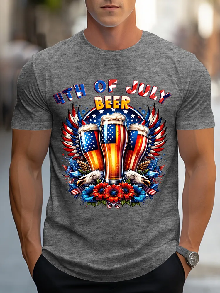 Men's Independence Day 4th Of July Beer Round-Neck Short-Sleeved T-Shirt