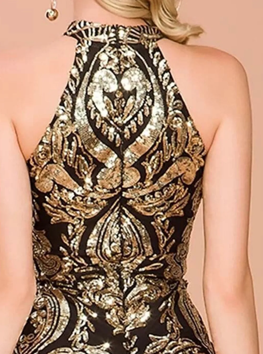 Halterneck Damask Sequin Bodycon Mini Dress