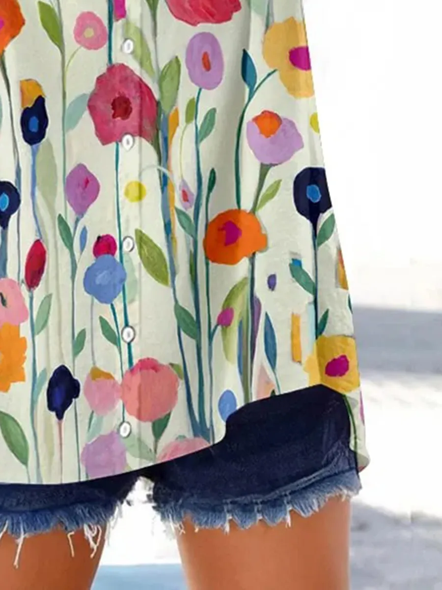 Women's Retro Botanical Floral Button Design V-Neck Three-Quarter Sleeve Shirt