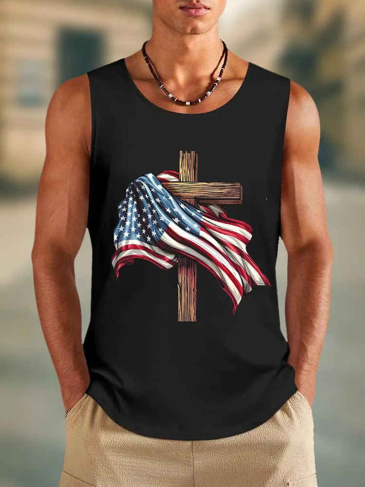 Men'S The Stars And Stripes Cross Print Round-Necked Sleeveless Vest