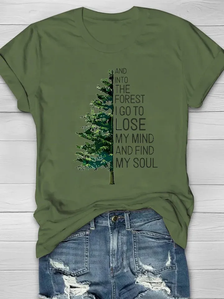 Women's Casual Natural Forest Print Short Sleeve Crew Neck T-Shirt