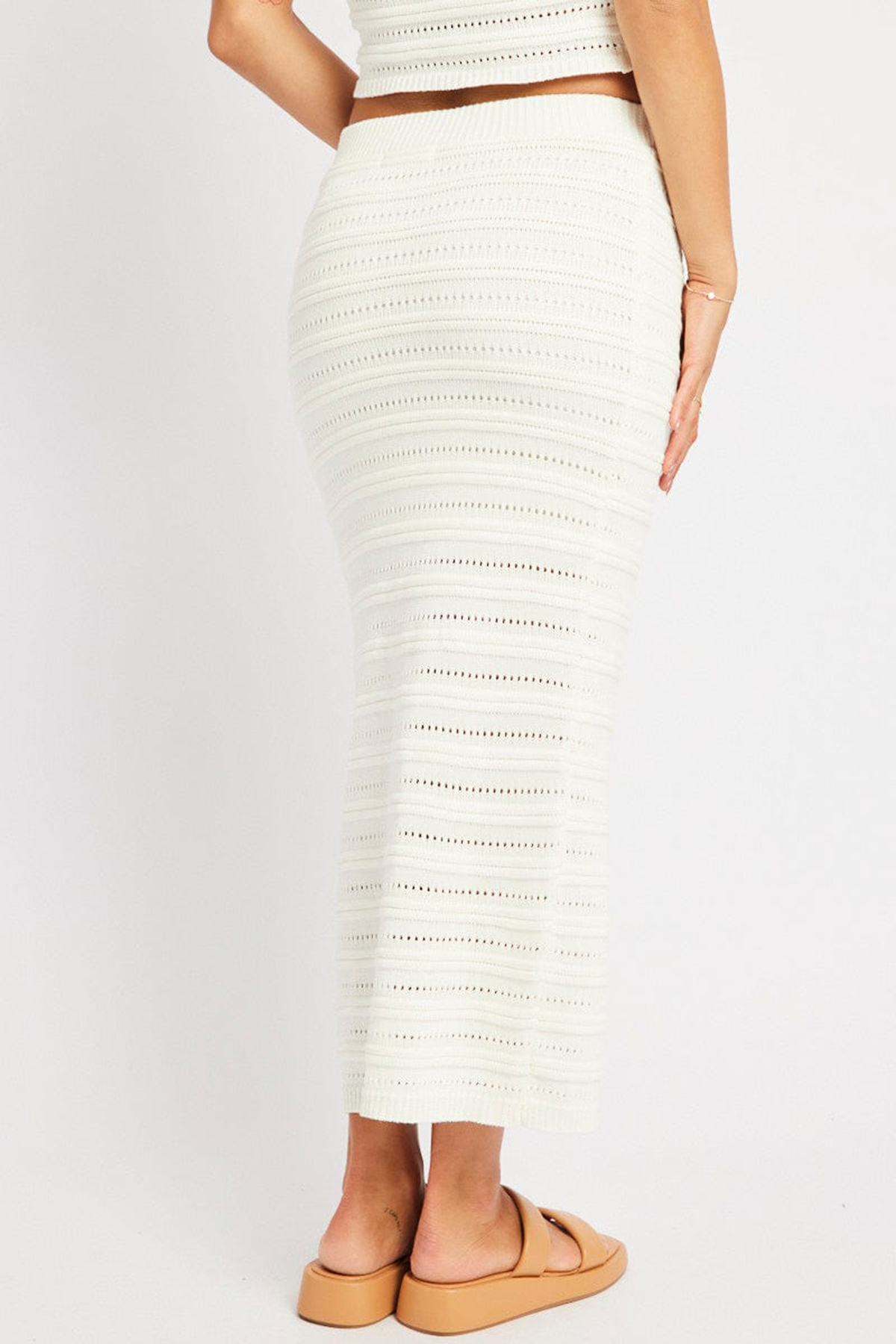 White Crochet Skirt High Rise Elastic Waistband Midi