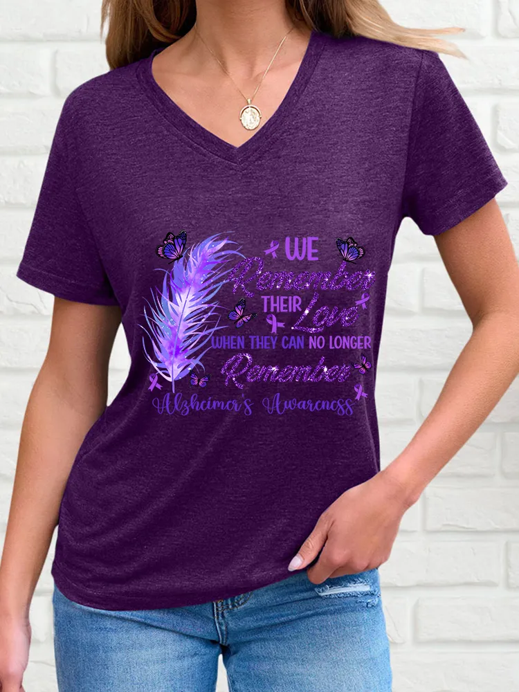 Women'S V-Neck Short-Sleeved T-Shirt We Remember Their Love When They Can No Longer Remember Alzheimer'S Awareness Prints
