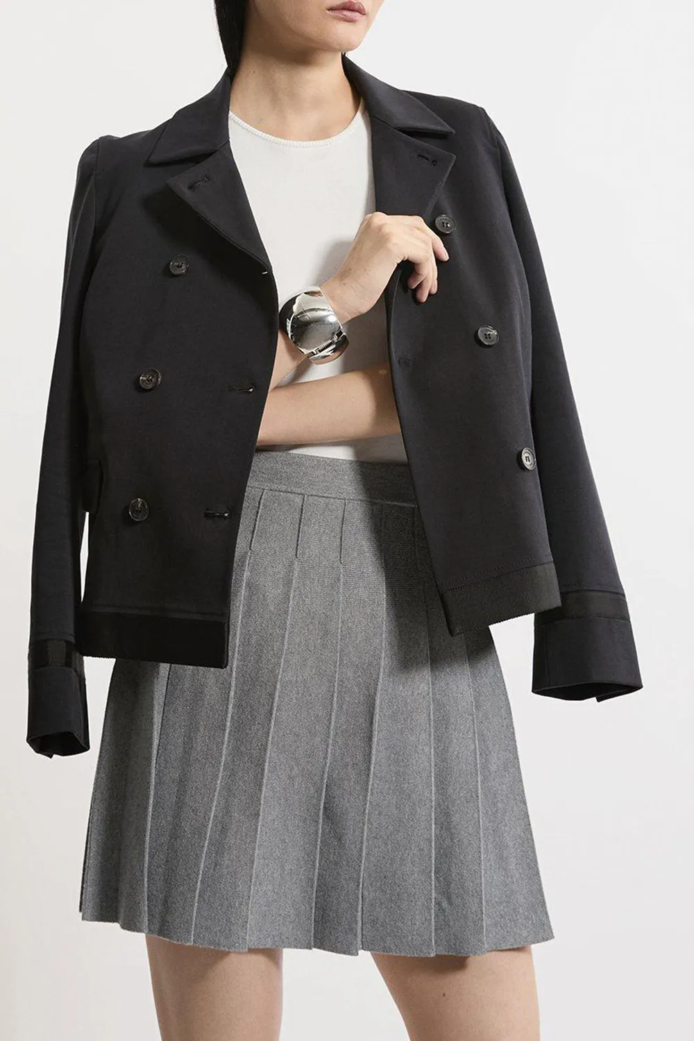 Pleated Wool Look Contrast Knit Mini Skirt