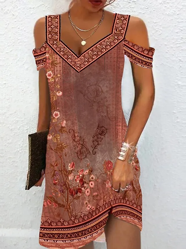 Women's Casual Dress Ethnic Dress Summer Dress Floral Tribal Cut Out Print V Neck Mini Dress Active Fashion Outdoor Daily Short Sleeve Regular Fit Red Blue Green Summer Spring S M L XL XXL
