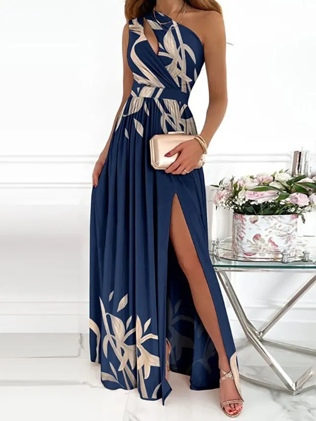 Women‘s Black Dress Prom Dress Formal Party Dress Swing Dress Long Dress Maxi Dress Red White Sleeveless Floral Split Cut Out Print Spring One Shoulder