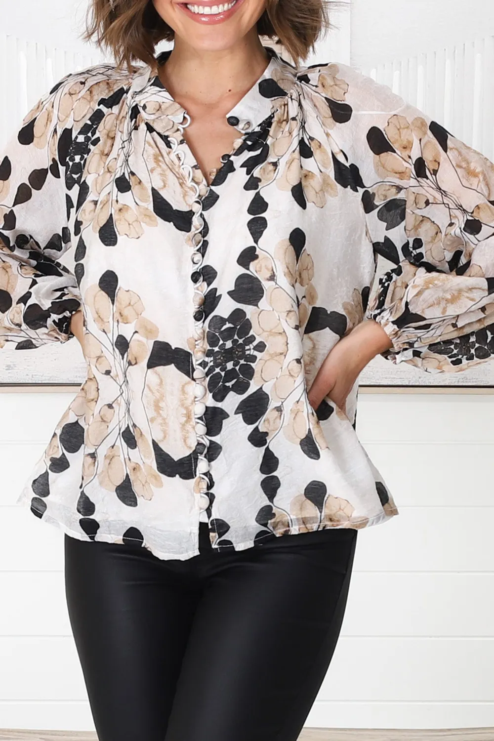 Beige Floral Print Puff Sleeve Blouse