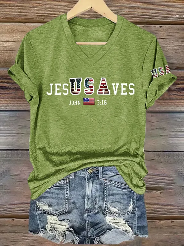 Woman'S Jes Usa Ves John 3:16 V-Neck Short-Sleeve T-Shirt