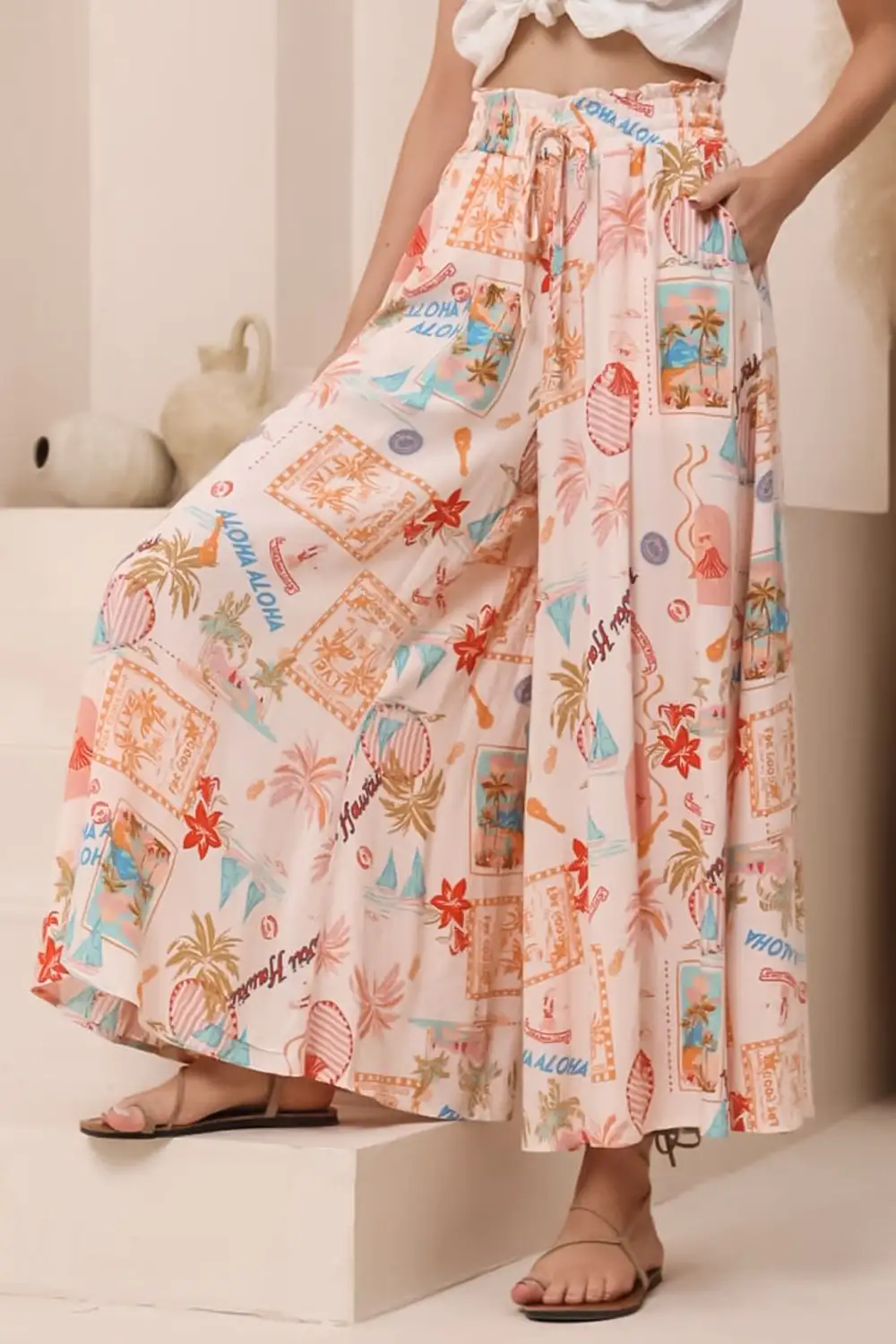 Pink Floral Print High Waist Wide Leg Pants