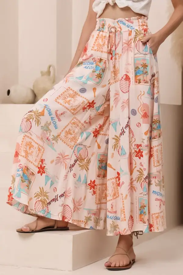 Pink Floral Print High Waist Wide Leg Pants