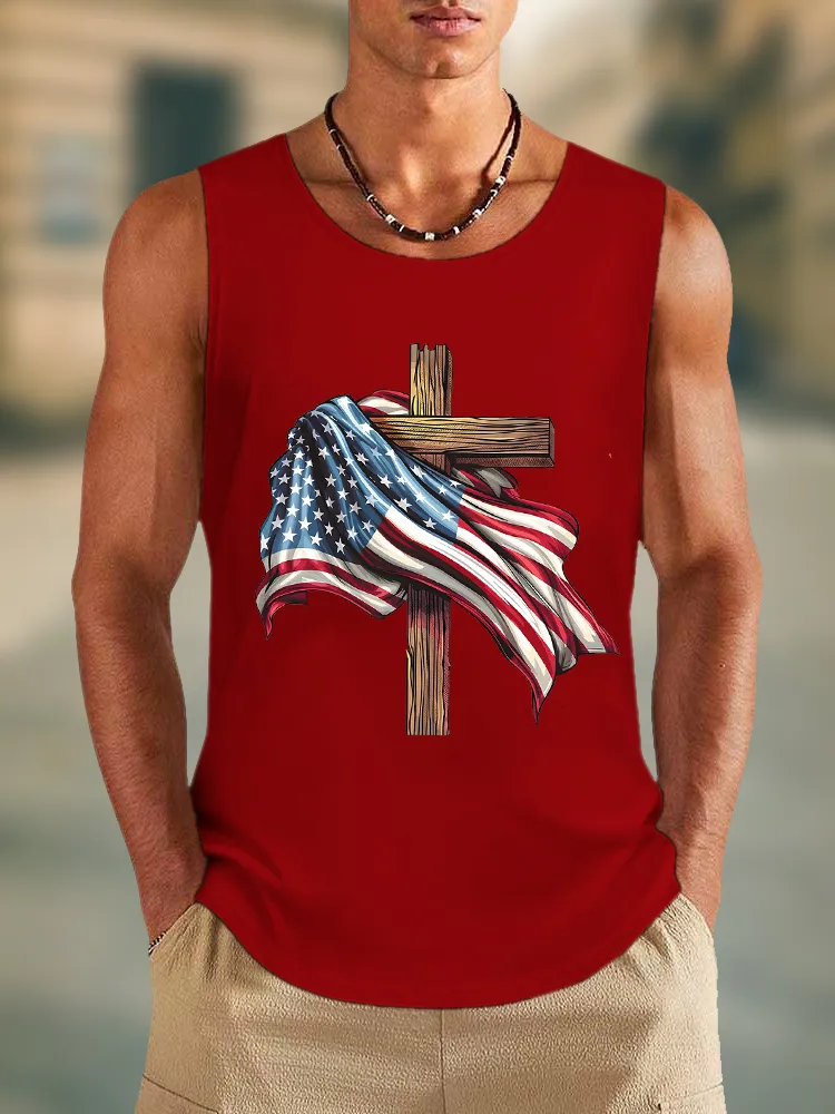 Men'S The Stars And Stripes Cross Print Round-Necked Sleeveless Vest