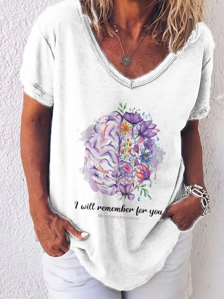 Women'S V-Neck Short-Sleeved T-Shirt I Will Remember For You Alzheimer'S Awareness Prints
