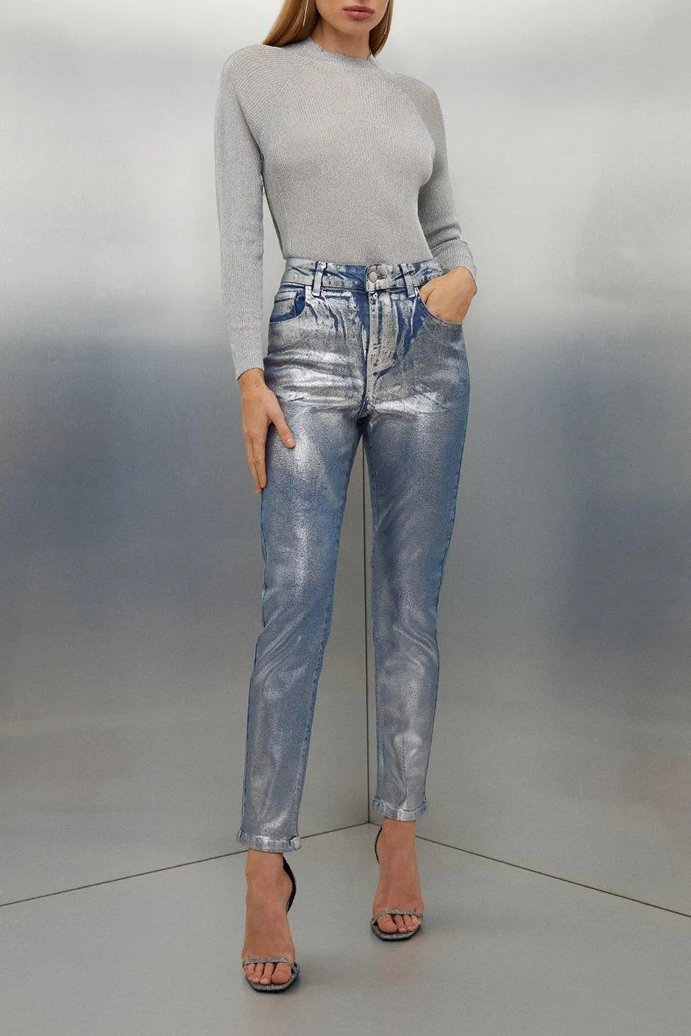 Slim Leg Silver Foiled Trouser