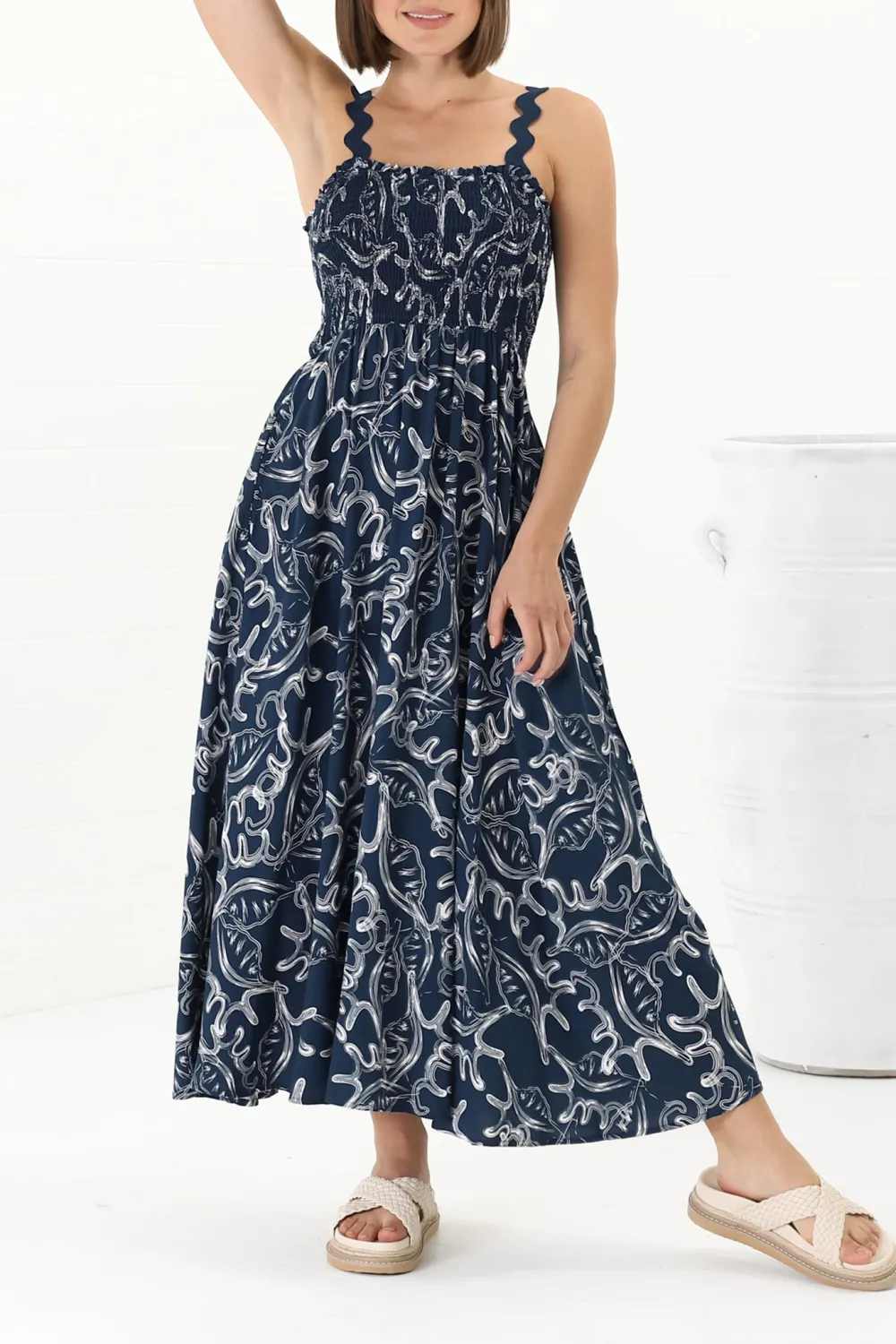 Navy Blue Patterned Scallop Strap Maxi Dress