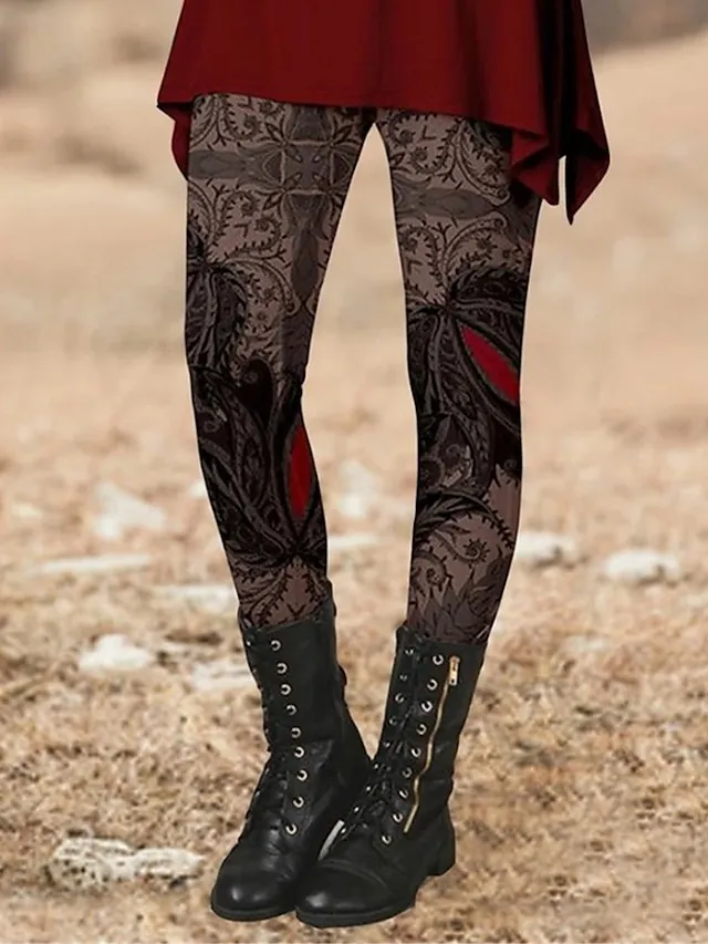 Women's Floral Pattern Leggings Full Length Print Micro-elastic High Waist Vintage Ethnic Style Halloween Daily Wear S 5XL Fall & Winter